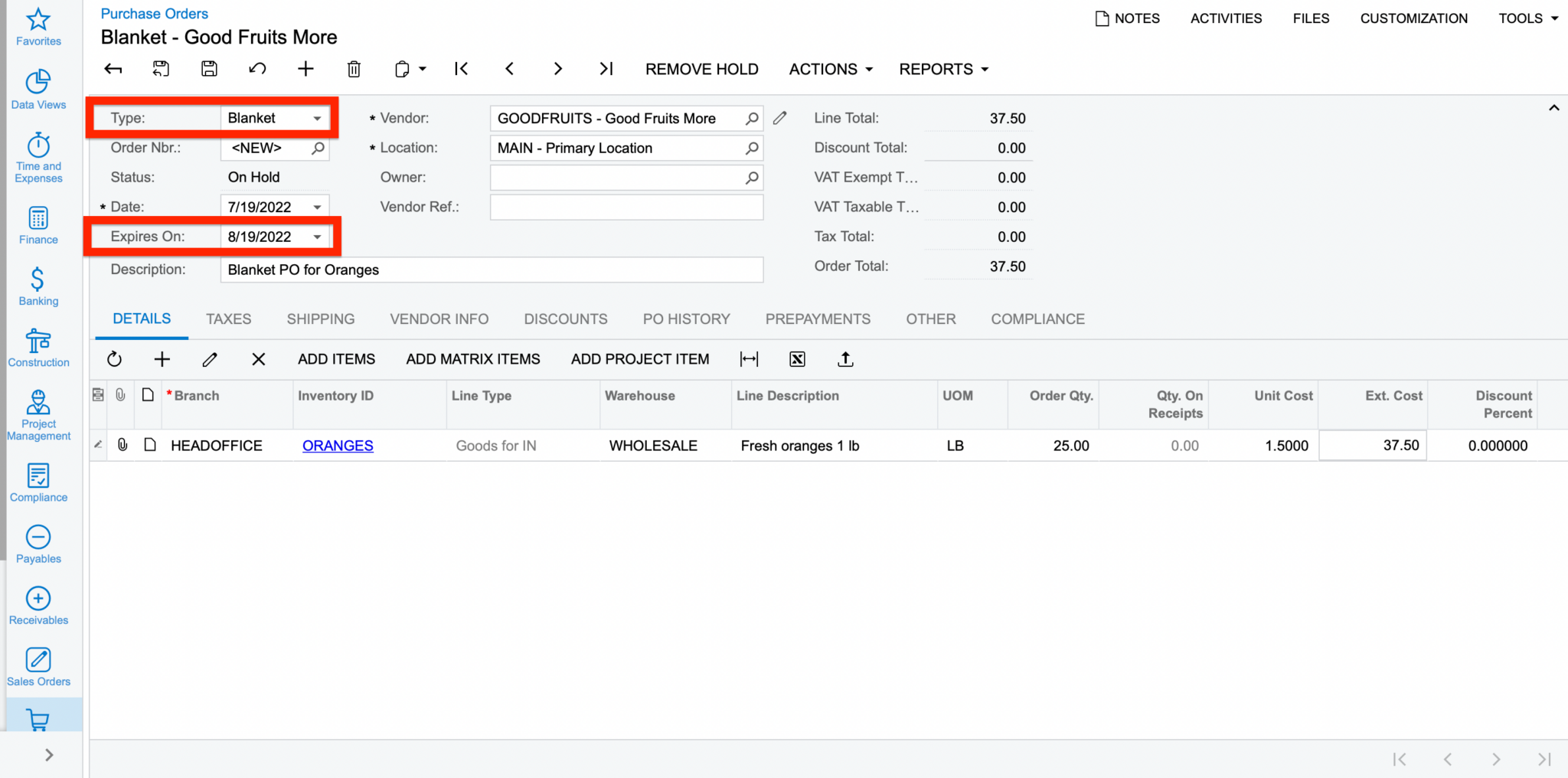 How to create Blanket Purchase Orders in Acumatica? Germinit