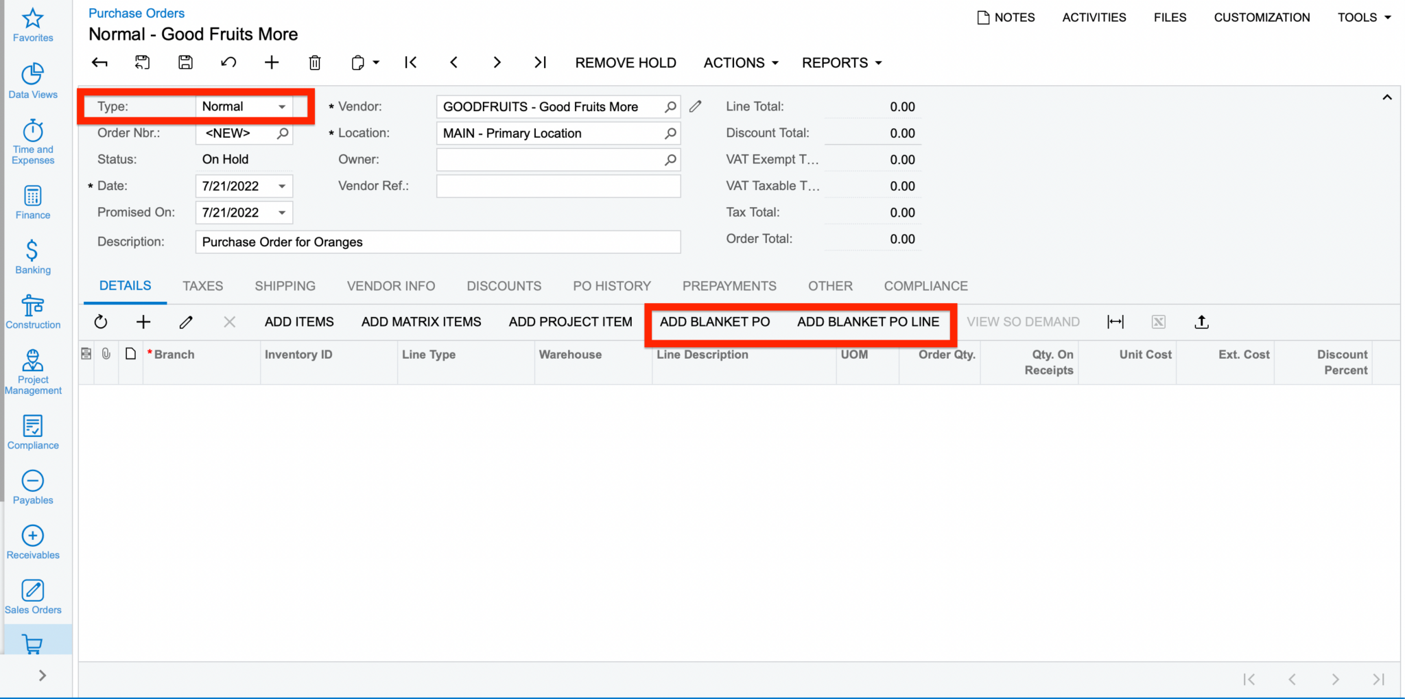 How to create Blanket Purchase Orders in Acumatica? Germinit